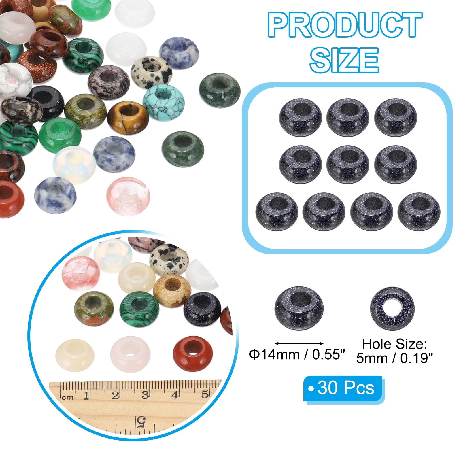 Natural Gemstone Beads, Large Hole Rondelle Beads Loose European Crystal Beads Pack for Jewelry Bracelet DIY