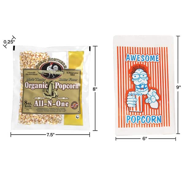 8oz Popcorn Packs and 100 Popcorn Bags by Great Northern Popcorn Bed