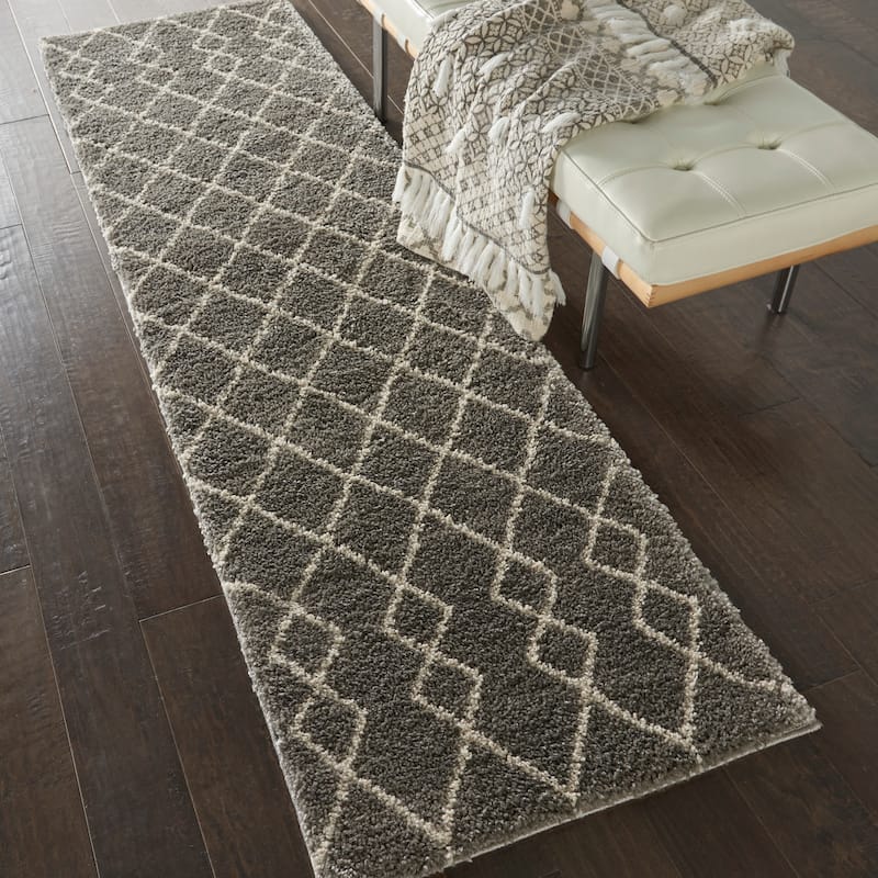 Nourison Geometric Moroccan Boho Shag Area Rug - 2'2" x 7'6" Runner - Silver