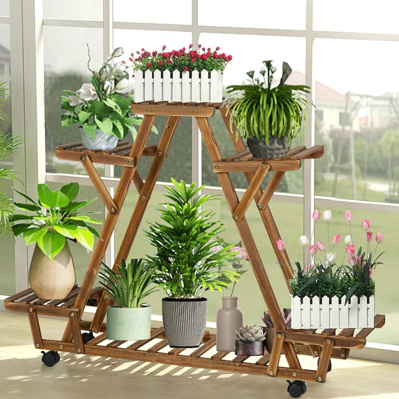 Movable Wood Flower Shelf Plant Display Stand Outdoor Indoor