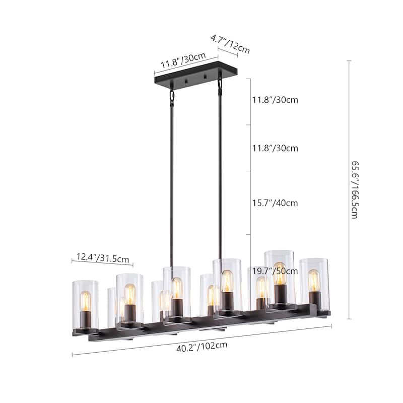 10-Light Industrial Farmhouse Linear Candle Chandelier with Cylinder Clear Glass Shade