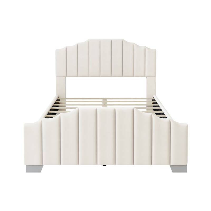 Full/Queen Velvet Upholstered Platform Bed Frame with Vertical Channel Tufted Headboard and Footboard, No Box Spring Needed
