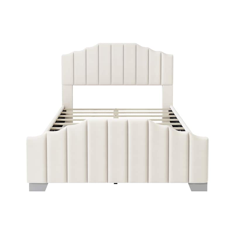 Queen Size Velvet Platform Bed with Vertical Channel Tufted Headboard and Footboard, Sturdy Wood Frame