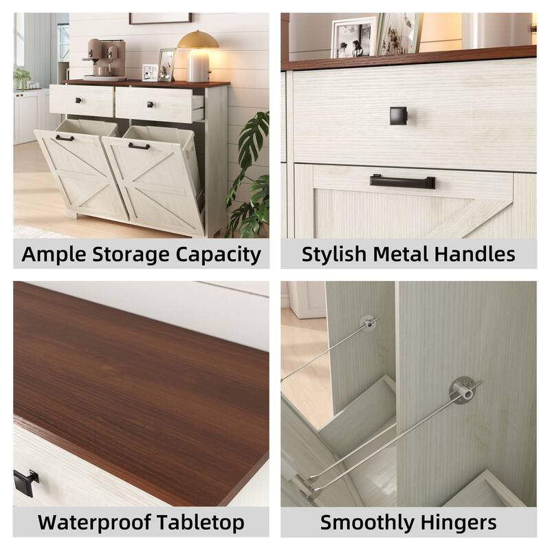 Farmhouse Double Tilt Out Trash Cabinet for Two 10 Gallon Bins, Barn Door Recycling Cabinet with Drawer Storage