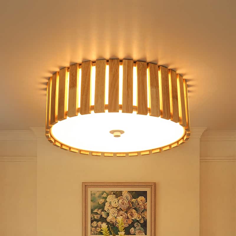 14.2" Rustic Boho Wooden Strips Cylindrical Drum Shade LED Flush Mount Ceiling Light for Living Room
