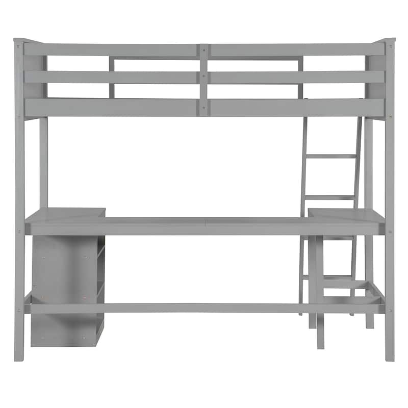 Integrated Study Area - Wood Twin Size Loft Bed with Built-in U-shaped Desk and Bookcase for Boys, Girls Bedroom