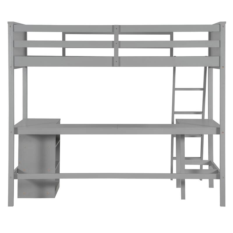Twin Size Loft Bed with Shelves and Desk Solid Pine Wood Frame