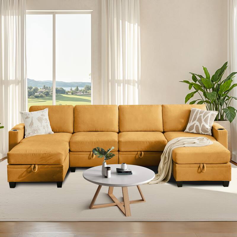Chenille Sectional Sofa, Hidden Storage & Modular Design