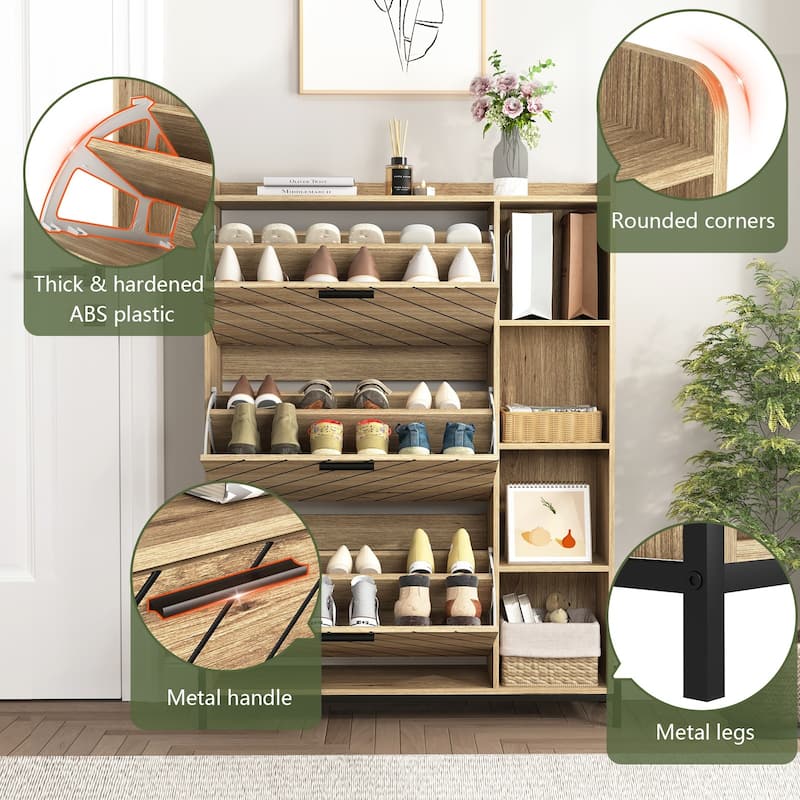 Shoe Cabinet with 3 Flip Drawers & Open Shelves