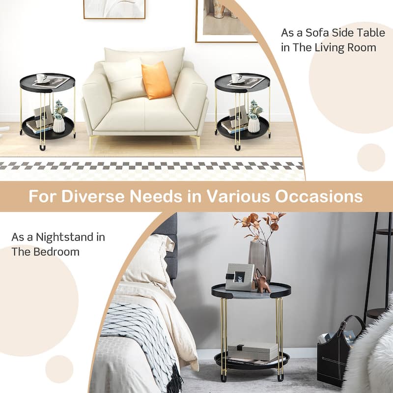 Gymax 2PCS 2-Tier Side End Table Round Nightstand Gold Frame for