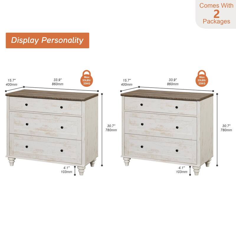 Farmhouse Nightstand with 3 Drawers, 34 inch