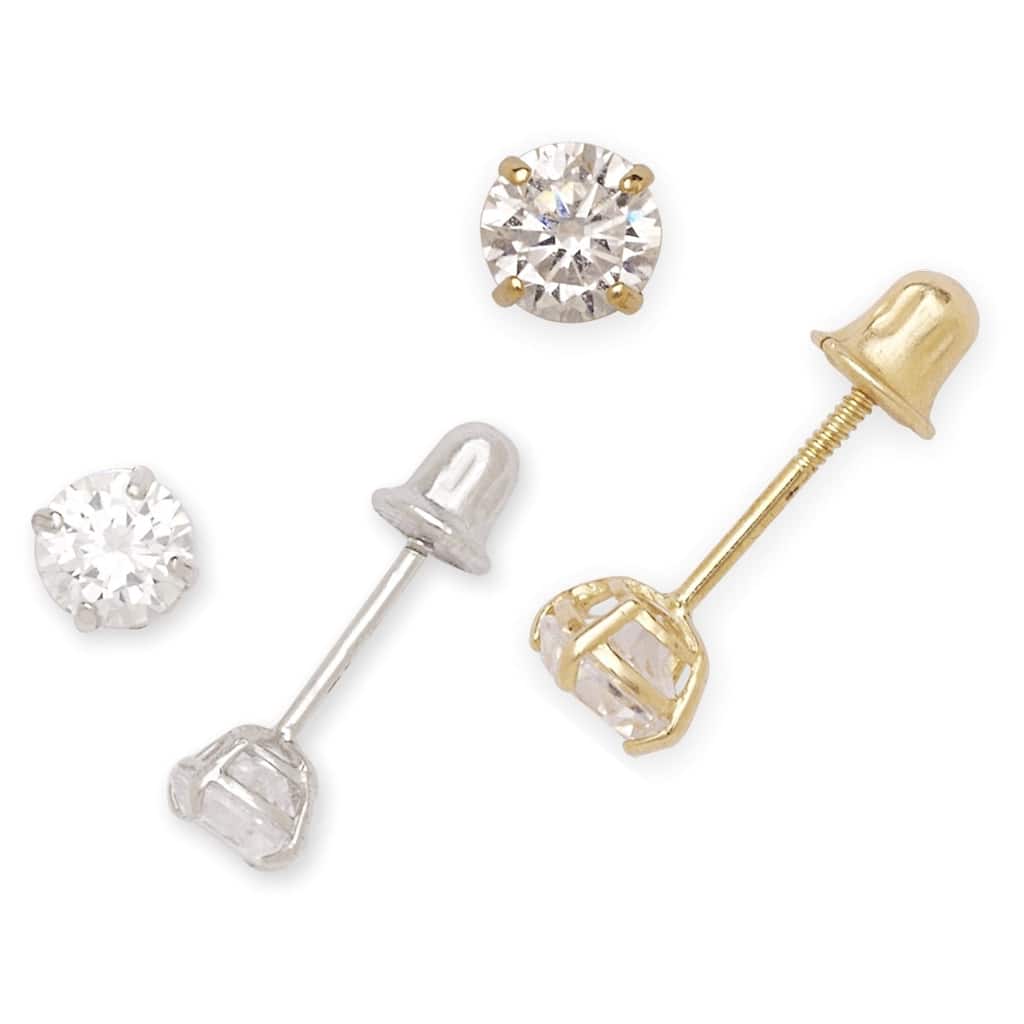 Curata 14k Yellow or White Gold 4mm Round Cubic Zirconia Screw Back Stud Earrings