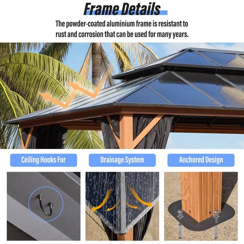 EROMMY Outdoor Wood Gazebo with Double Polycarbonate Roof, Heavy Duty Backyard Patio Pergola Canopy for Garden Shade