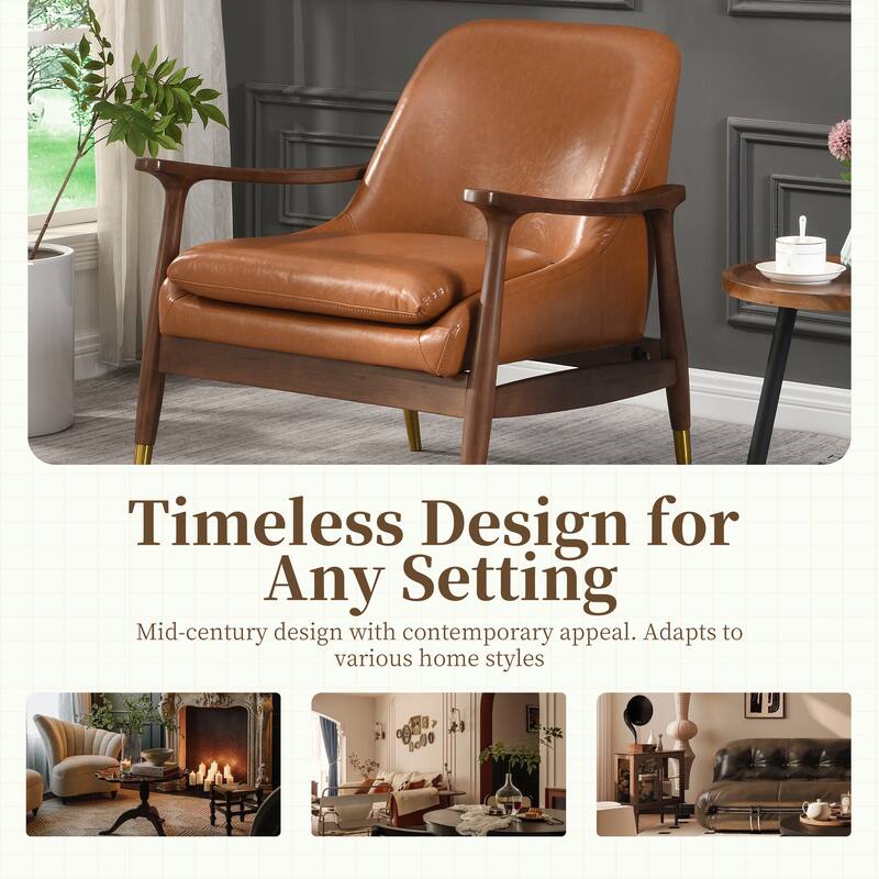 Roomfitters Mid-Century Faux Leather Accent Chair with Cushioned Seat, Solid Wood Frame and Brass-Tipped Legs