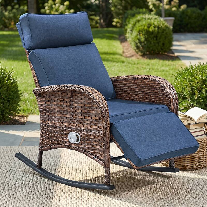 Pocassy Versatile Outdoor Recliner Rocker Chair with Side Table - Brown Wicker with Blue Cushion - 1-Piece Rocker Recliner Chair