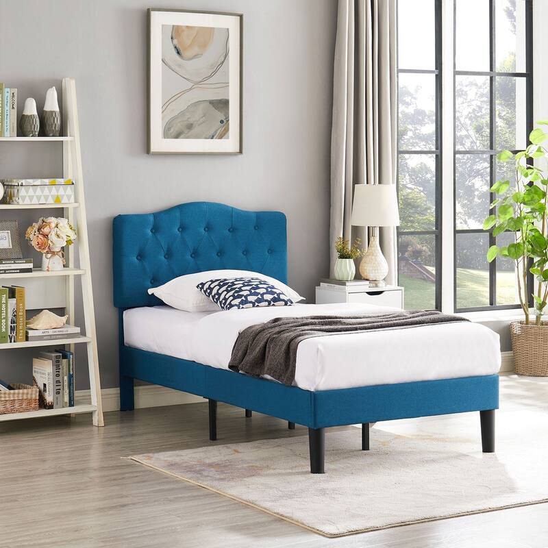 VECELO Modern Upholstered Kids Bed with Height Adjustable Tufted Headboard,Twin Size Bed Set of 2