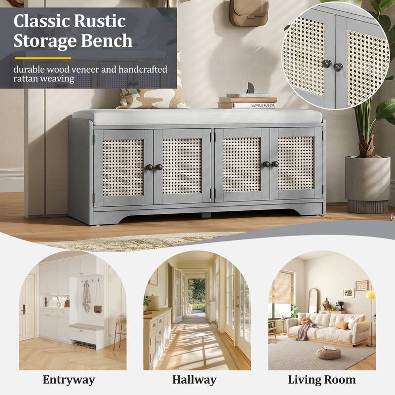 Rustic Storage Bench Multifunctional Wood Entryway Shoe Bench with Removable Cushion, Woven Rattan Doors & Adjustable Shelves