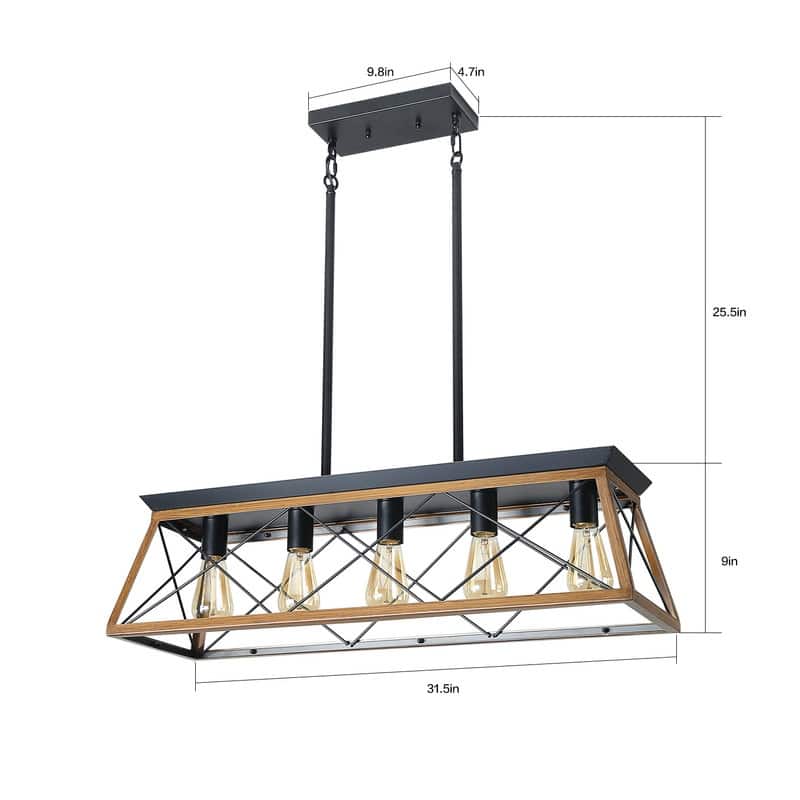 32" Industrial Pendant Chandelier – Walnut & Metal Cage Design, Adjustable Hanging Light (Bulbs Not Included)‌.