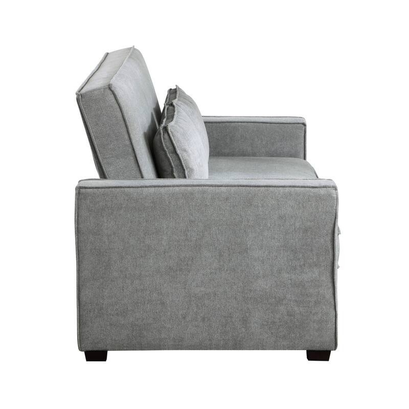 Malti 77 Inch Sofa with Pull Out Bed, Gray Polyester, 2 Pillows, Solid Wood