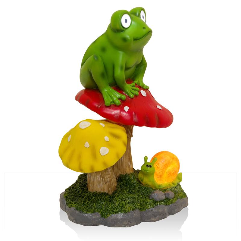 Solar Frog Sitting on Mushroom Statue with LED Lighted Eyes