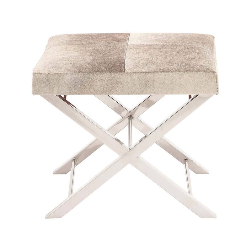 Leather Bench or Stool with Silver X-Shaped Stainless Metal Base - Beige or Gray - Roche River Decor - 20"W, 18"H