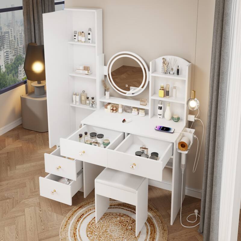 Round Mirror LED Vanity Table with 2 USB Power Station - White