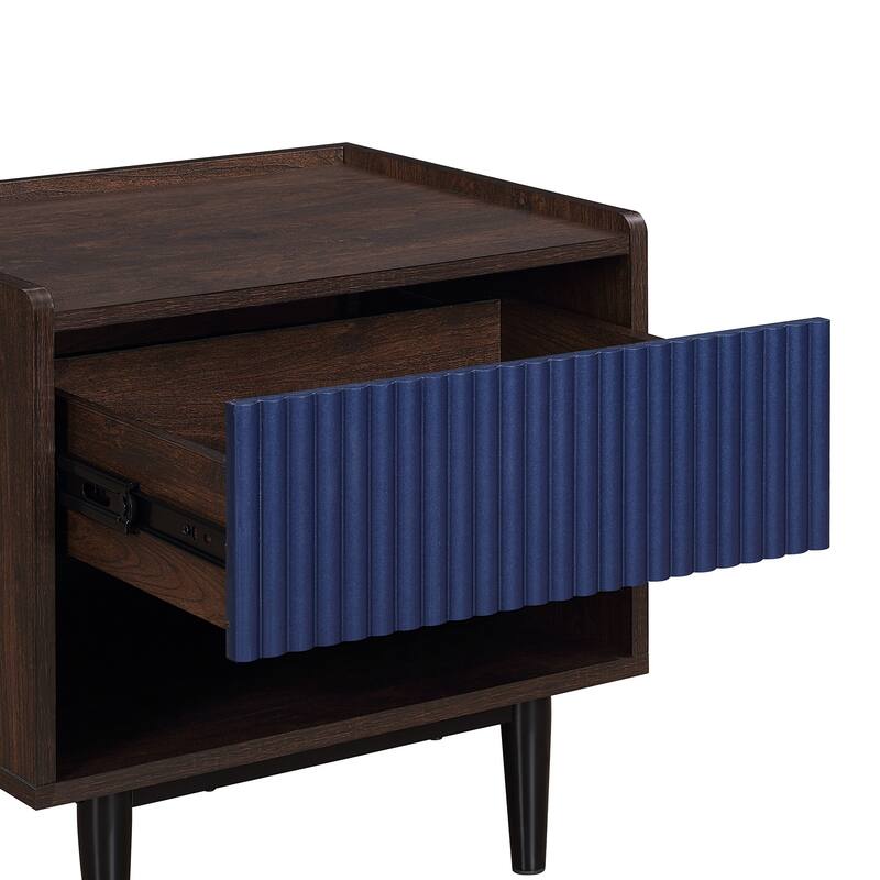 Modern Nightstand with Fluted Design Single Drawer and Open Shelf