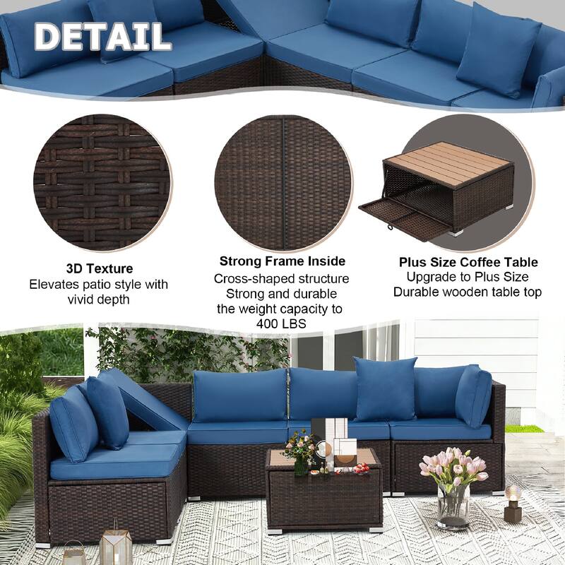 EROMMY 6/7 Piece Modular Outdoor Rattan Sofa Set, All-Weather Wicker Patio Furniture with Storage Table, Cushions & Pillows