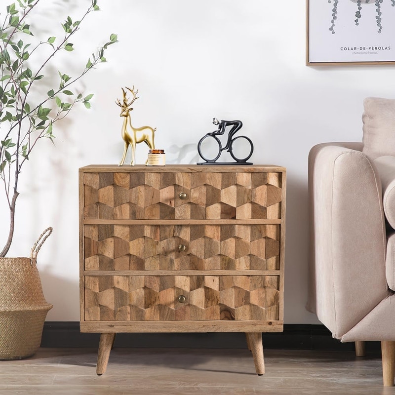 Mid Century Modern 3 Drawer Mango Wood Drawer Chest Side Cabinet Wooden Dresser for Bedroom Living Room Natural 3 Drawer