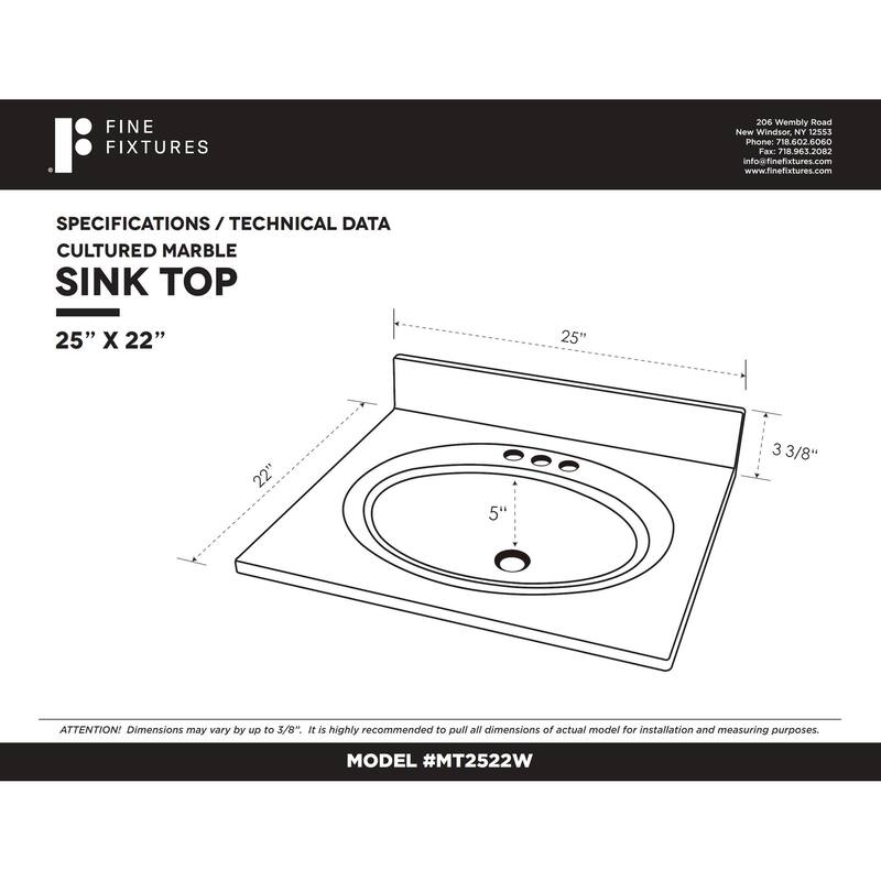 Fine Fixtures White Cultured Marble Top With Integrated Sink, 4" Backsplash and Overflow Included.