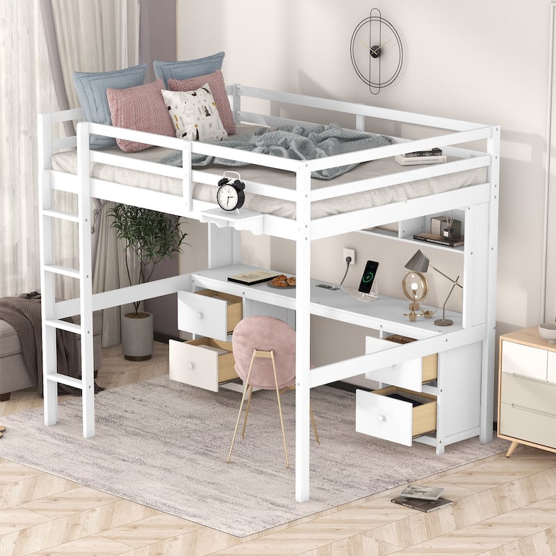 Full Size Wood Loft Bed w/Desk, Cabinets, Drawers, Charging Station