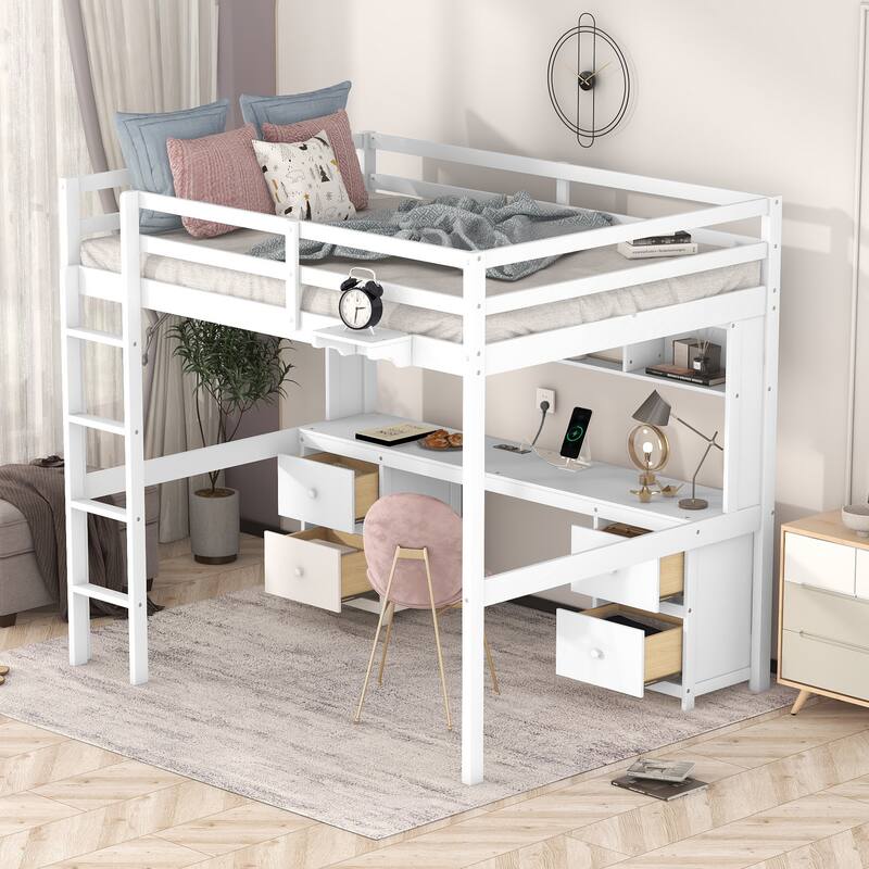 White Full Size Loft Bed with Desk, Cabinets, USB Ports, and Drawers