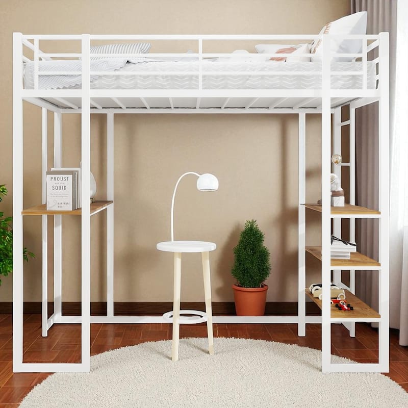 Metal Loft Bed with L-Shaped Desk, Guardrails & Dual Ladders, Sturdy Iron Frame for Kids & Teens - White - Twin