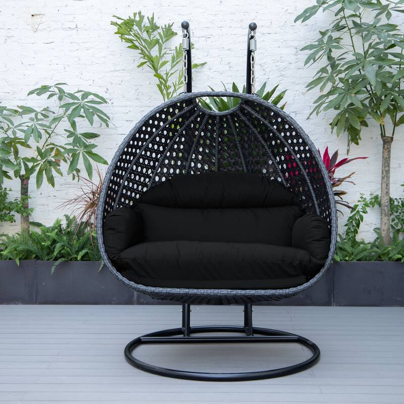 Patio 2-Person Hanging Egg Swing Chair Charcoal Wicker and Iron Frame Breathable Removable Cushion Covers by LeisureMod