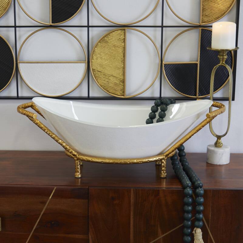 Glass Kitchen Serving Bowl with Gold Metal Stand - White - CosmoLiving by Cosmopolitan