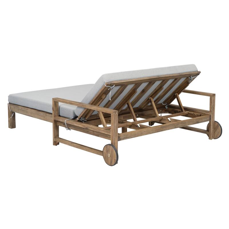 Grey Farmhouse Acacia Wood Sunbed with Adjustable Backrest
