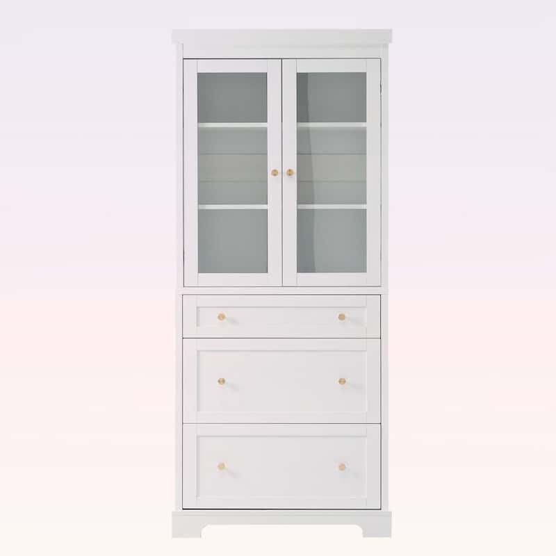 Freestanding Tall Bathroom Cabinet with 2 Adjustable Shelves,3 Drawers,Soft Close Glass Doors