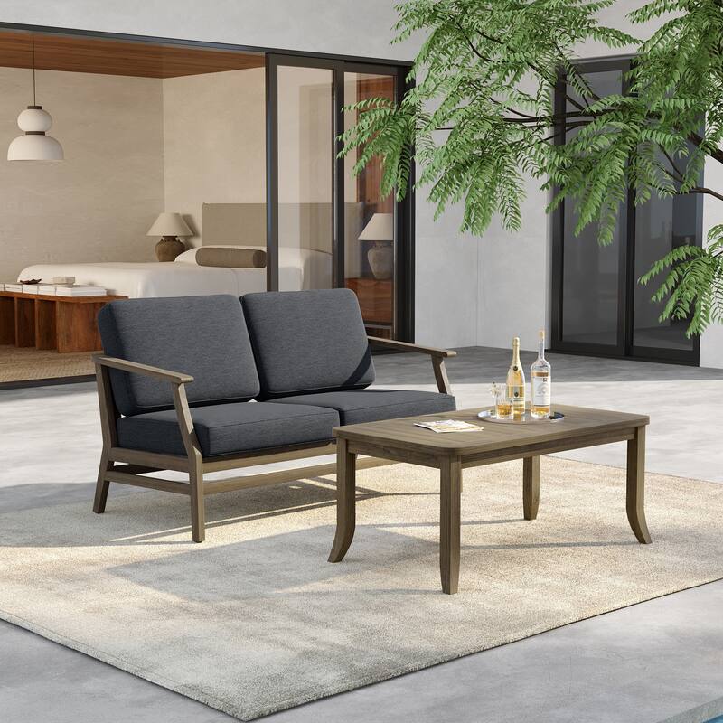 Outdoor Loveseat Sofa with Coffee Table Teak Wood Patio Furniture