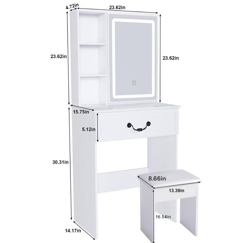 KISRAIS 23.63" Small Size Vanity Desk with Brightness Adjust LED Mirror and Cushioned Stool