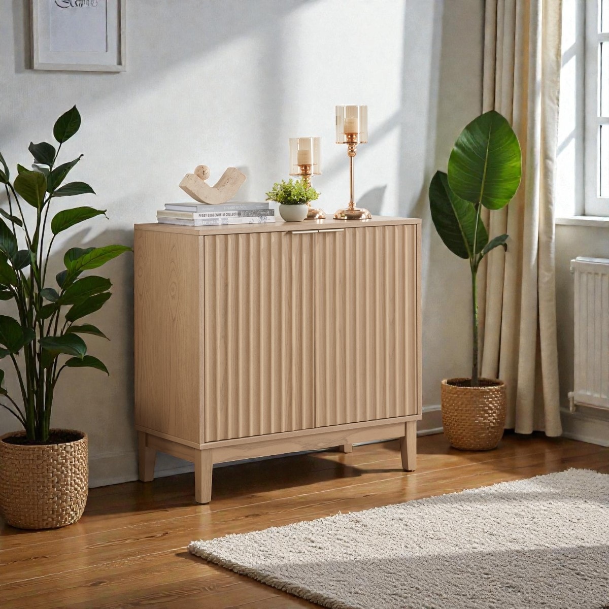 2-Door Fluted Storage Cabinet with Brass Handles, Natural Wood Accent Chest for Entryway, Dining Room or Living Room