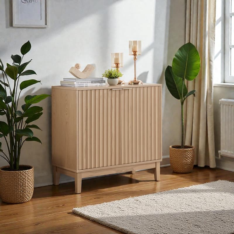 2-Door Fluted Storage Cabinet with Brass Handles, Natural Wood Accent Chest for Entryway, Dining Room or Living Room - Natural