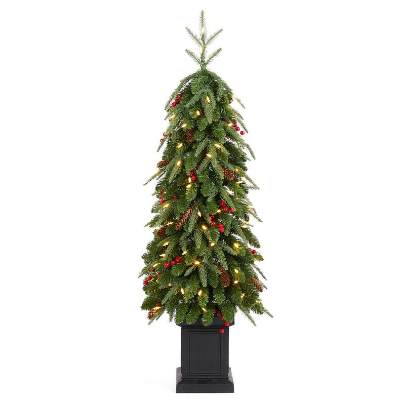 Glitzhome 4ft/6ft/7ft Pre-lit Green Artificial Christmas Porch Tree with Red Berries,Pinecones and 100 Warm White Lights