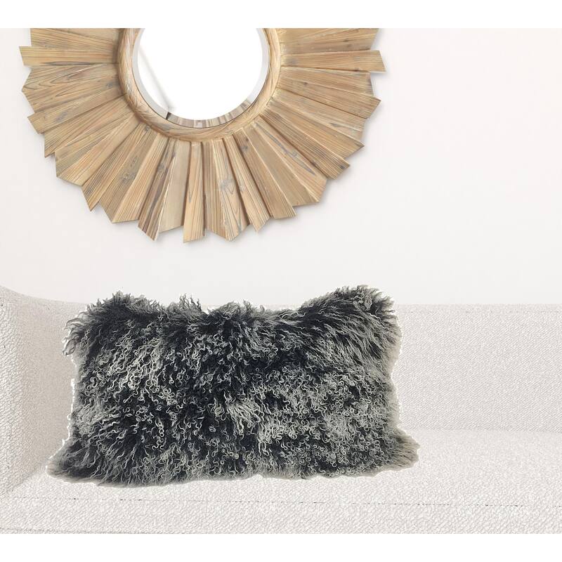 17" Black Genuine Tibetan Lamb Fur Pillow With Microsuede Backing - Black and White