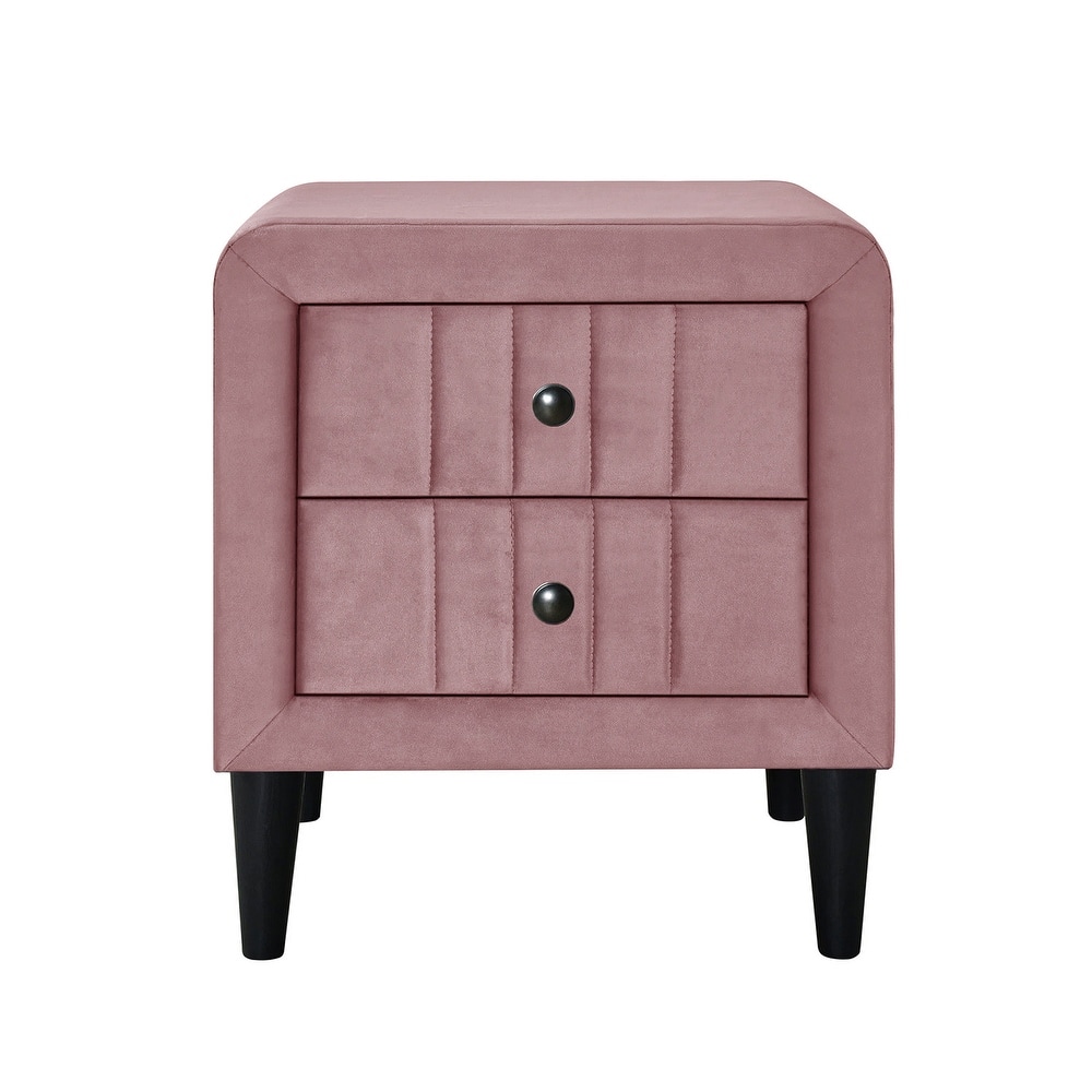2 Drawers Brushed Linen Fabric Nightstand with Tapered Shape Legs