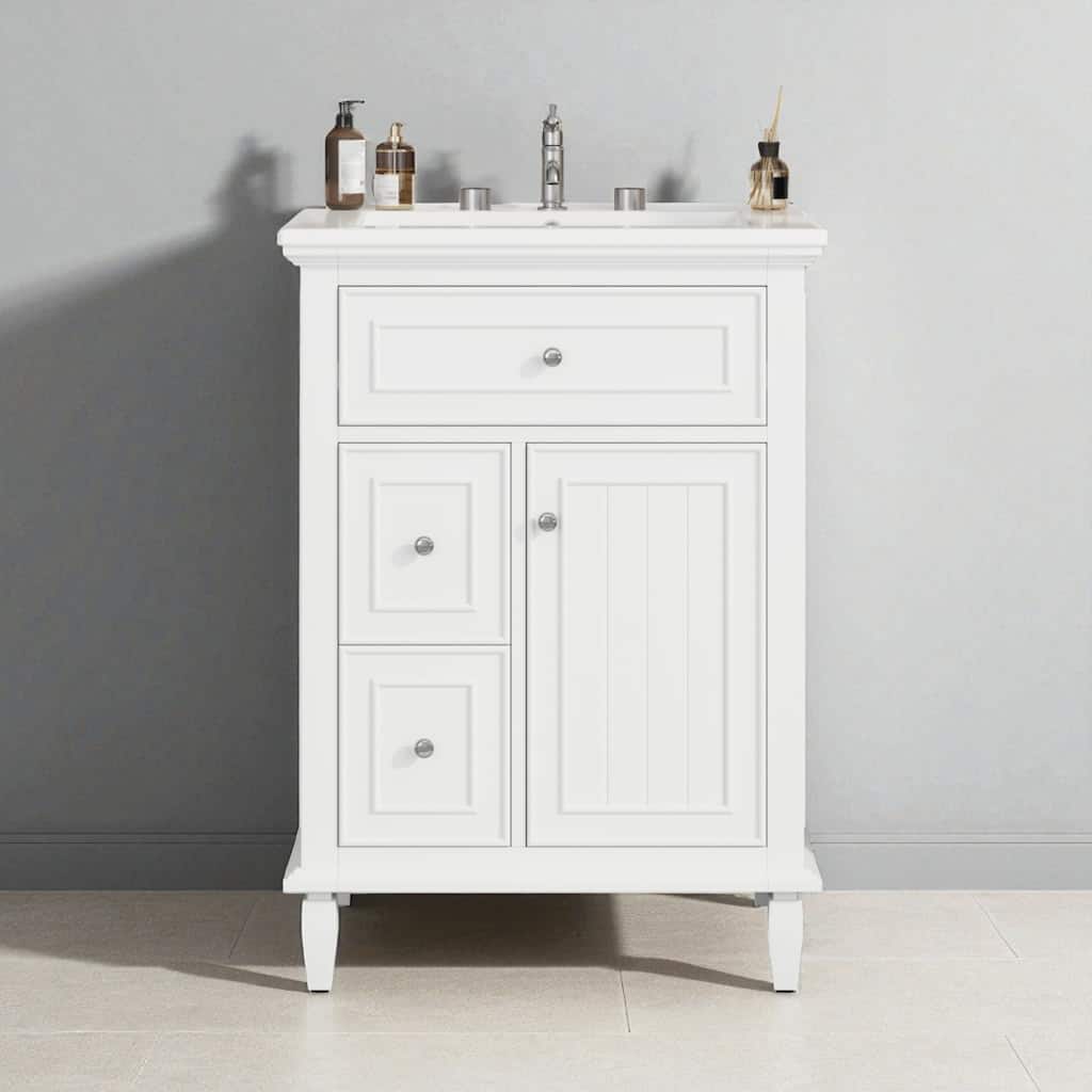 24" Bathroom Vanity with Sink, Flip Drawer, 2 Side Drawers, Solid Wood Frame, Ceramic Top, Freestanding Cabinet