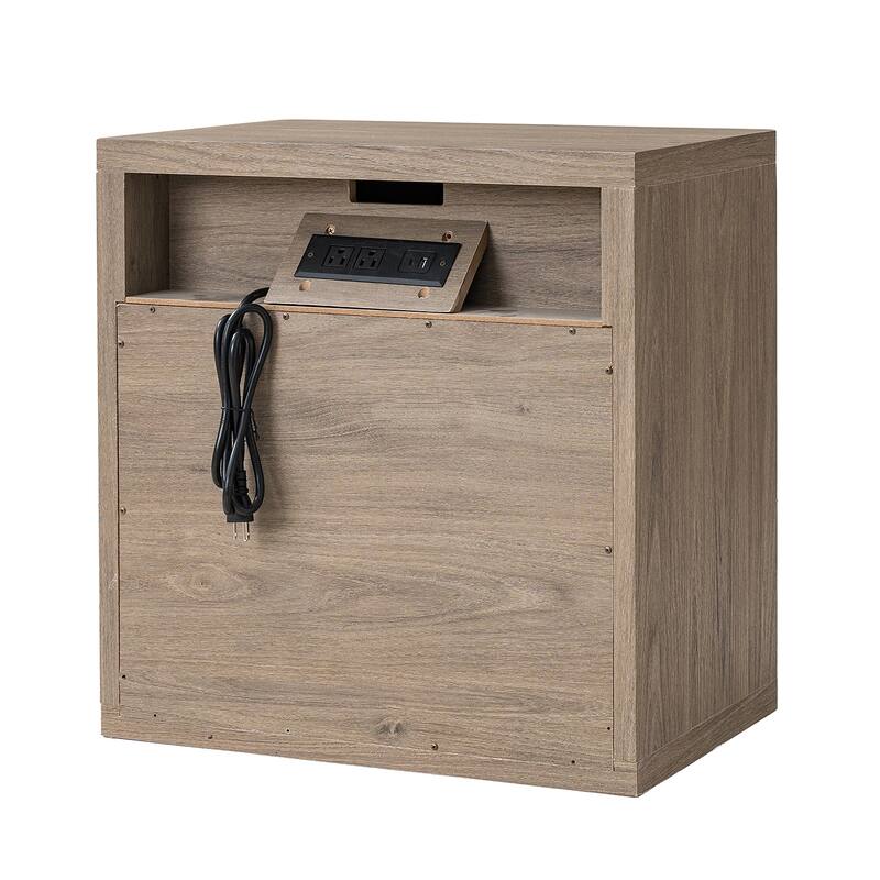 Fluted Bed Side Table End Table Nightstand with Drawer, Ash Brown Corner Table Lamp Table with Open Shelf