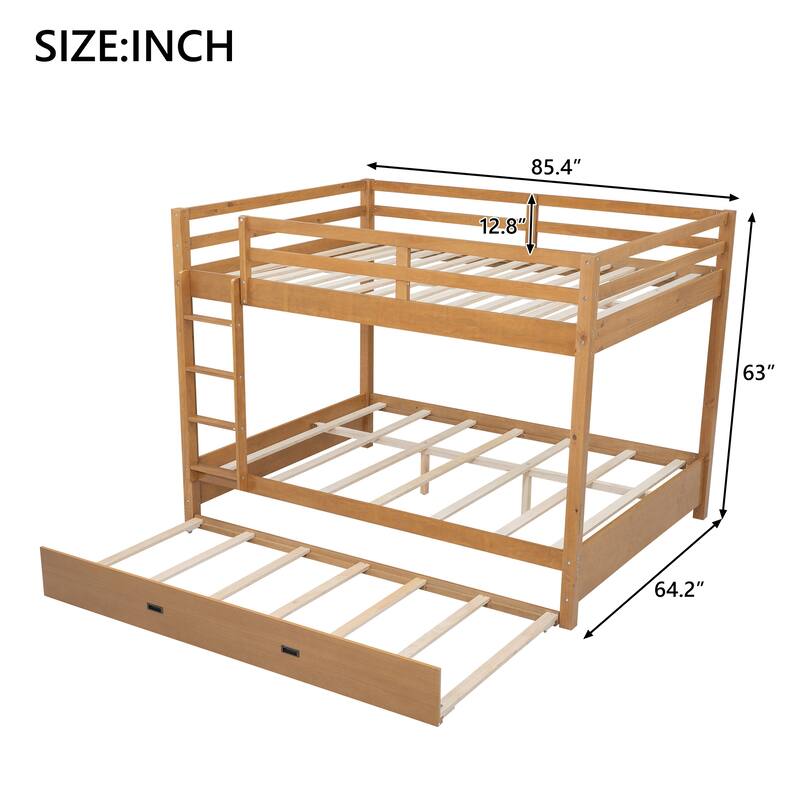 Wood Queen Size Bunk Bed with Ladder and Trundle