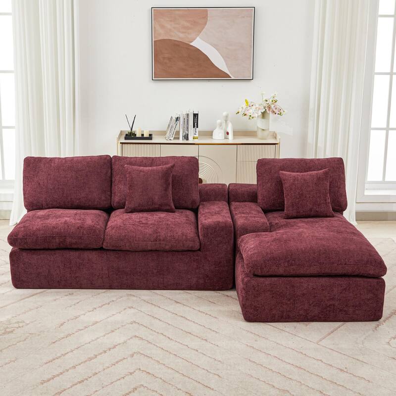 L-Shape Cloud Sectional Sofa with Chaise, Chenille Modular Boneless Upholstered Couche, Full-Compressed Sofa with Side Pockets