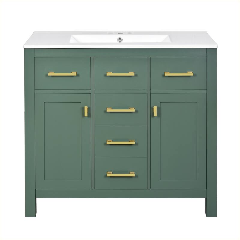 36''Bathroom Vanity with Ceramic Sink,Modern Freestanding Single Bathroom Cabinet with 4 Drawers & 2 Cabinets,Solid Wood Frame