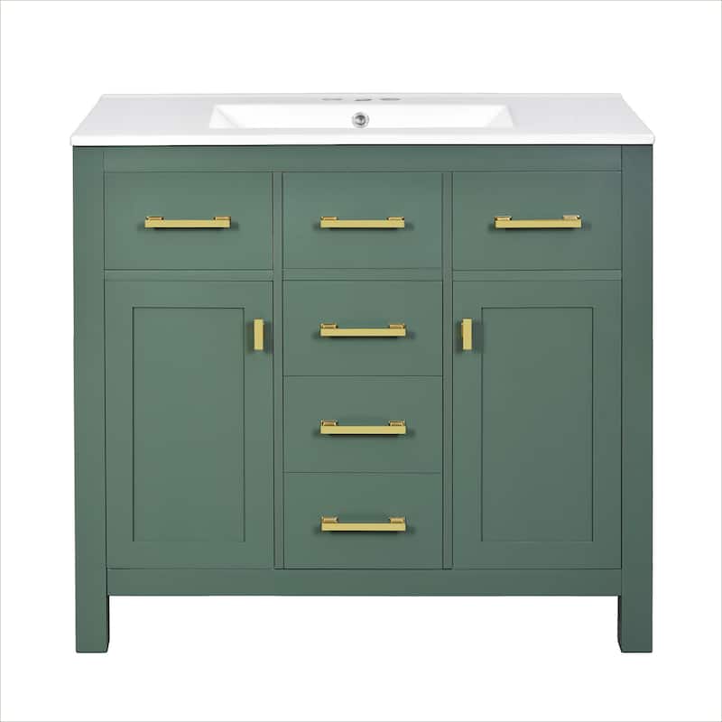 Roomfitters 36" Vanity with Ceramic Sink, Solid Wood Freestanding Cabinet with 4 Drawers and 2 Doors, Storage Unit for Bathroom